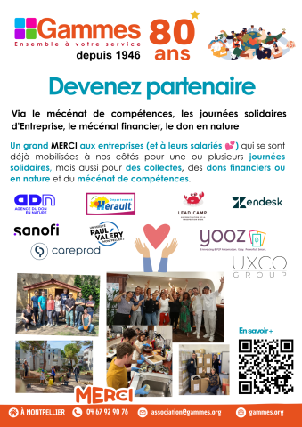 Devenez partenaire de Gammes, via le mécénat financier, le mécénat de compétences,  le don en nature, les journées solidaires d’Entreprise, ...